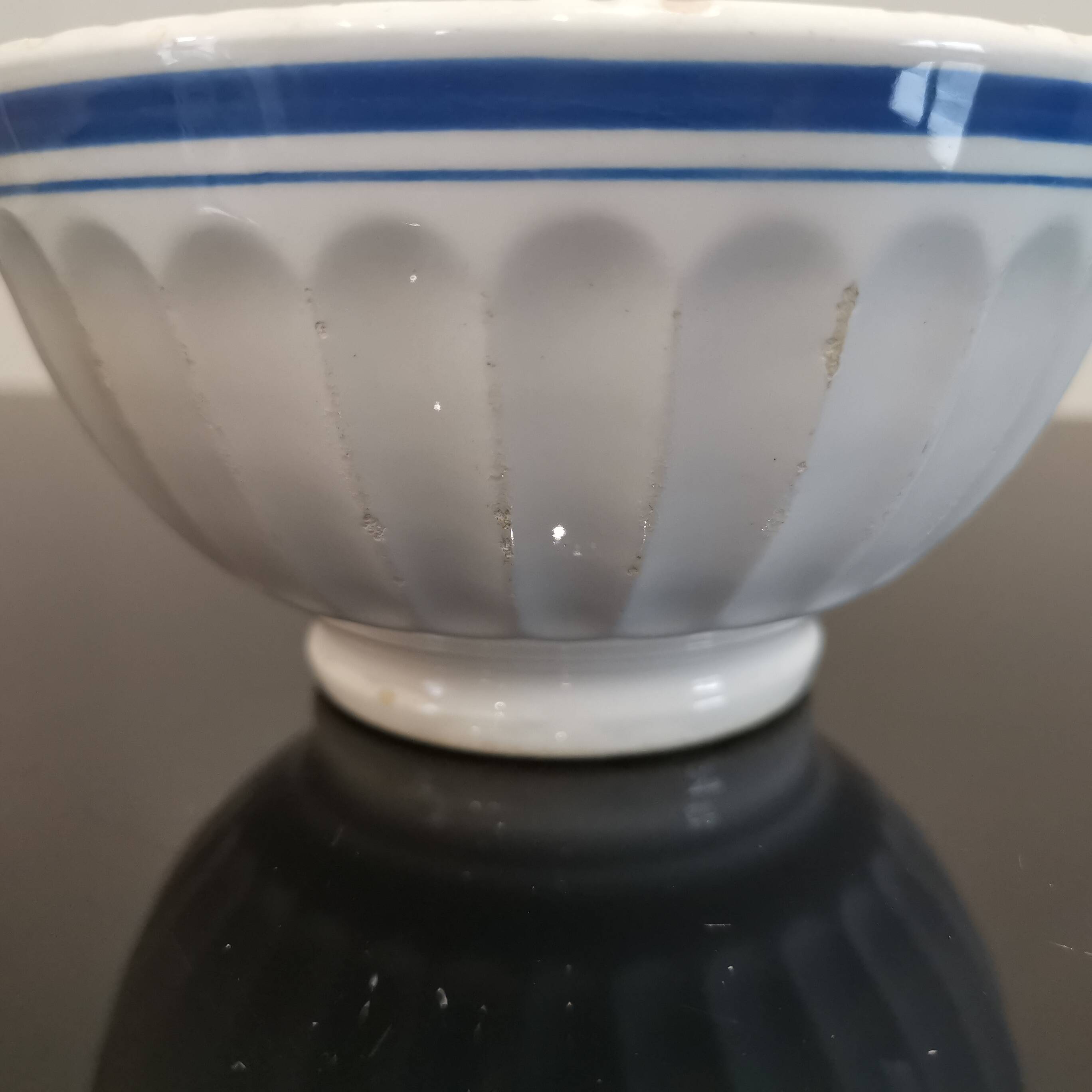 Old white bowl with blue edging Stamped Trèfle 50'S