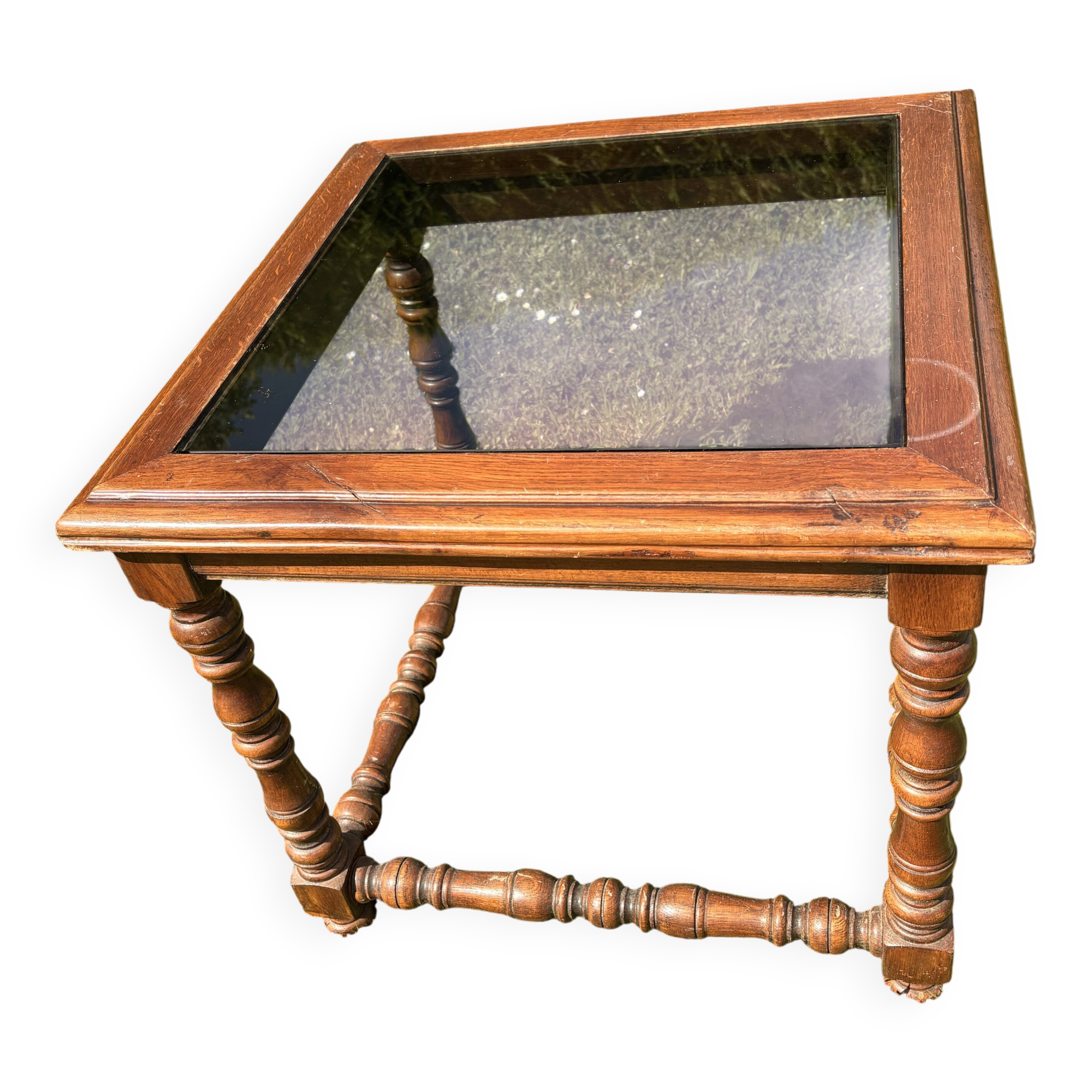 Table basse en chêne, plateau en verre fumé