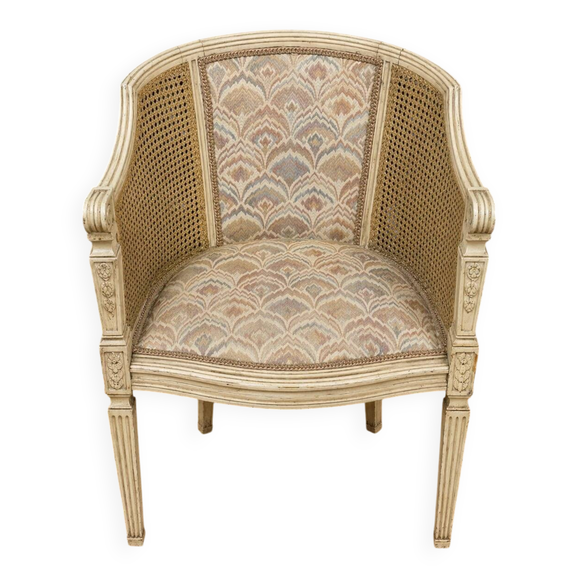 Gondola armchair in Louis XVI style, carved wood with a cream patina.