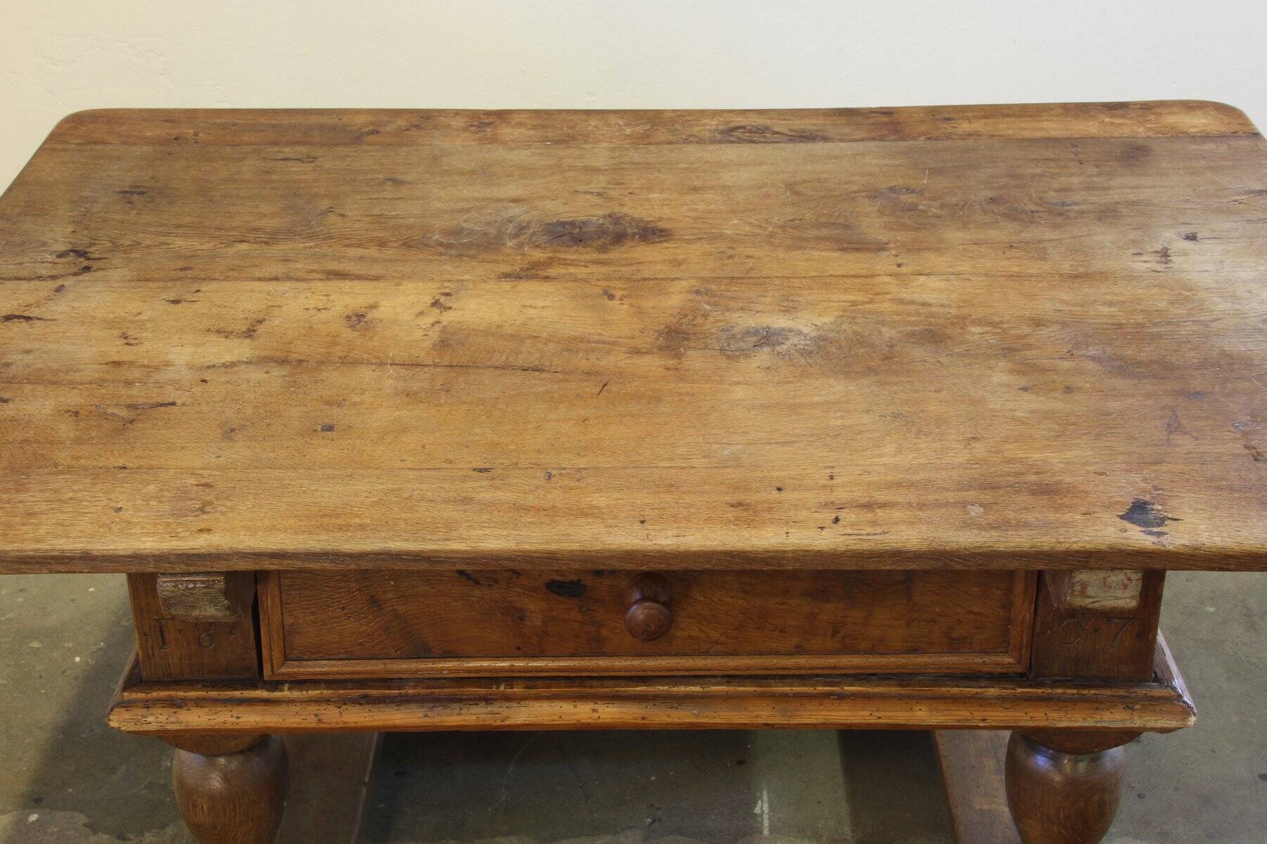 Antique Nordic Baroque Oak Table, Dated 1807