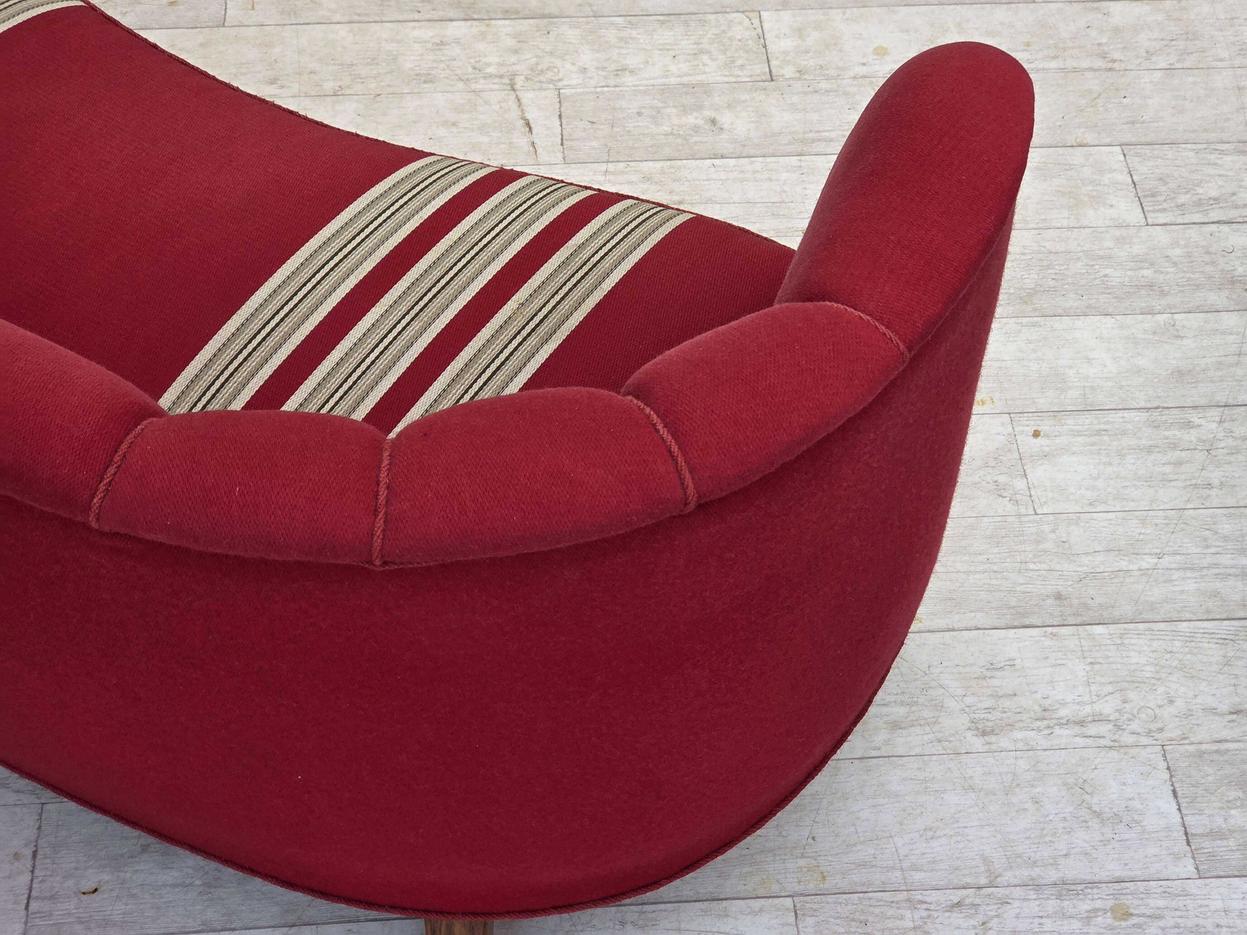 1960s, Danish 2-seater "Banana" sofa, furniture wool, oak wood legs.