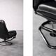 Vintage Mid-Century Danish Modern Black Leather Swivel Chair and Ottoman