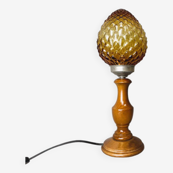 Rustic wooden table lamp with amber pine cone glass lampshade