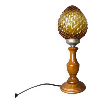 Rustic wooden table lamp with amber pine cone glass lampshade
