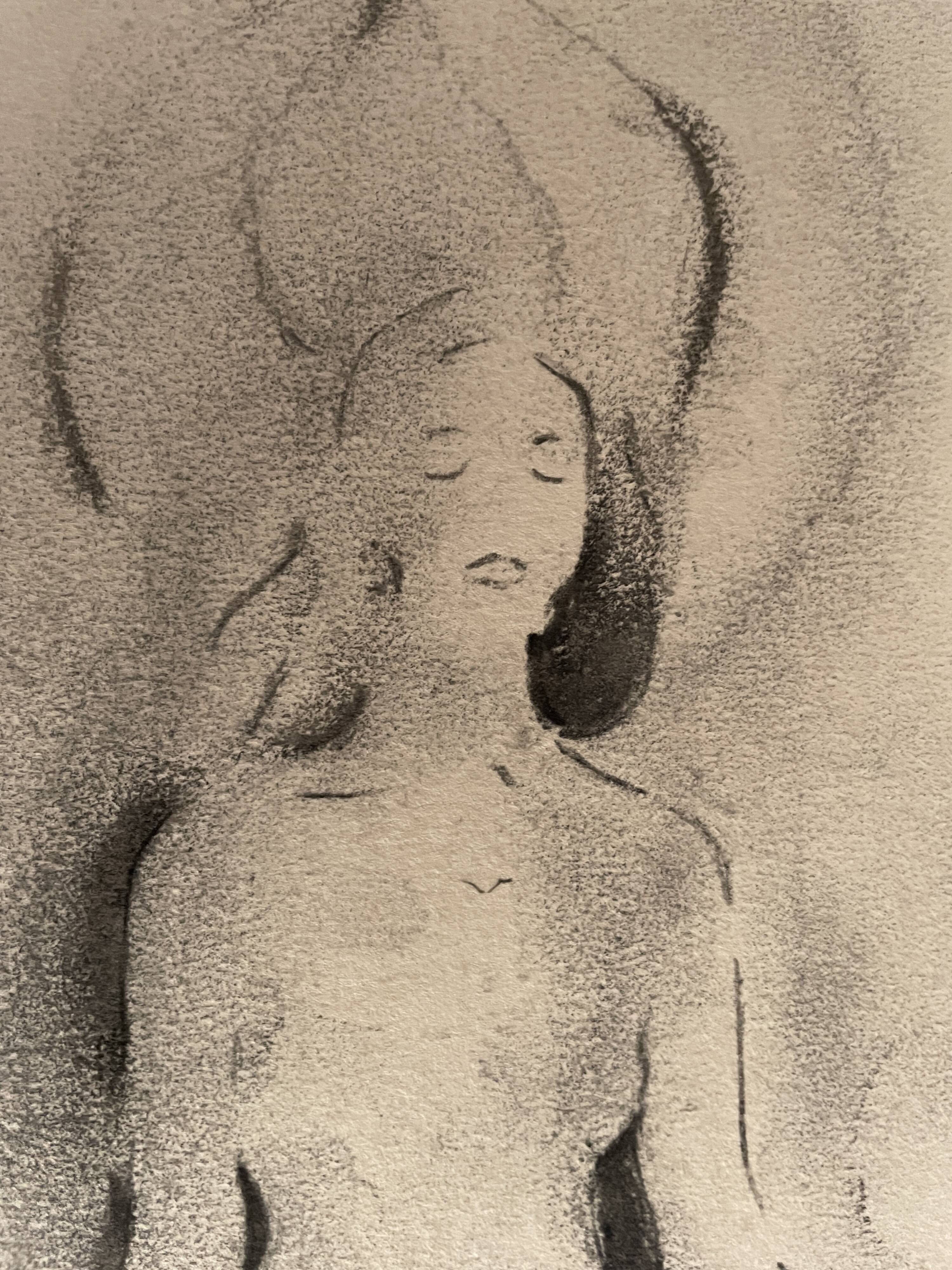 Painting signed charcoal woman buddha zen attitude