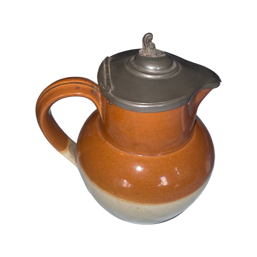 Old brown and beige Langley Mill 19th century pitcher with its pewter lid