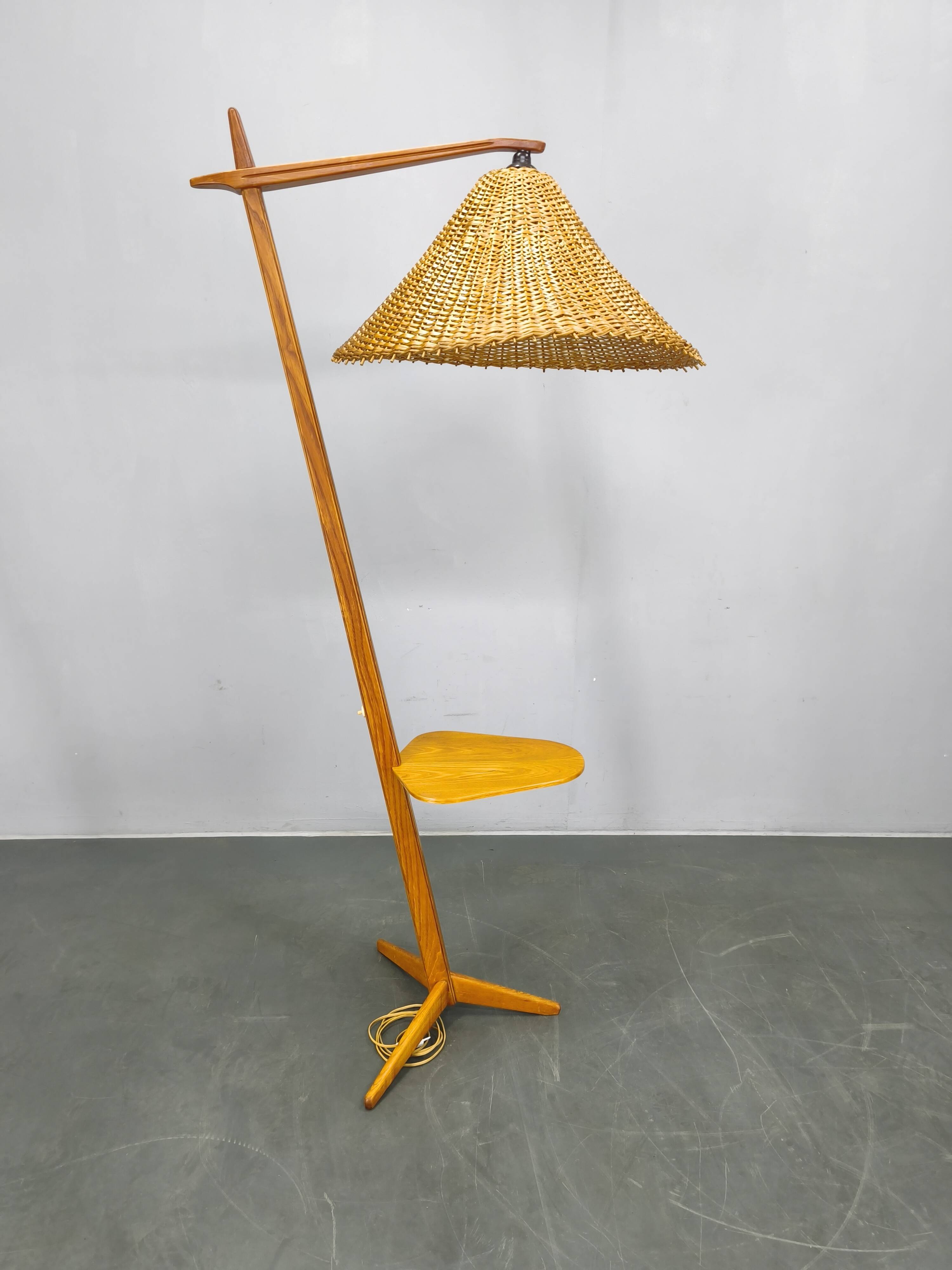 Mid-Century Floor Lamp with Rattan Shade, Czechoslovakia, 1960s
