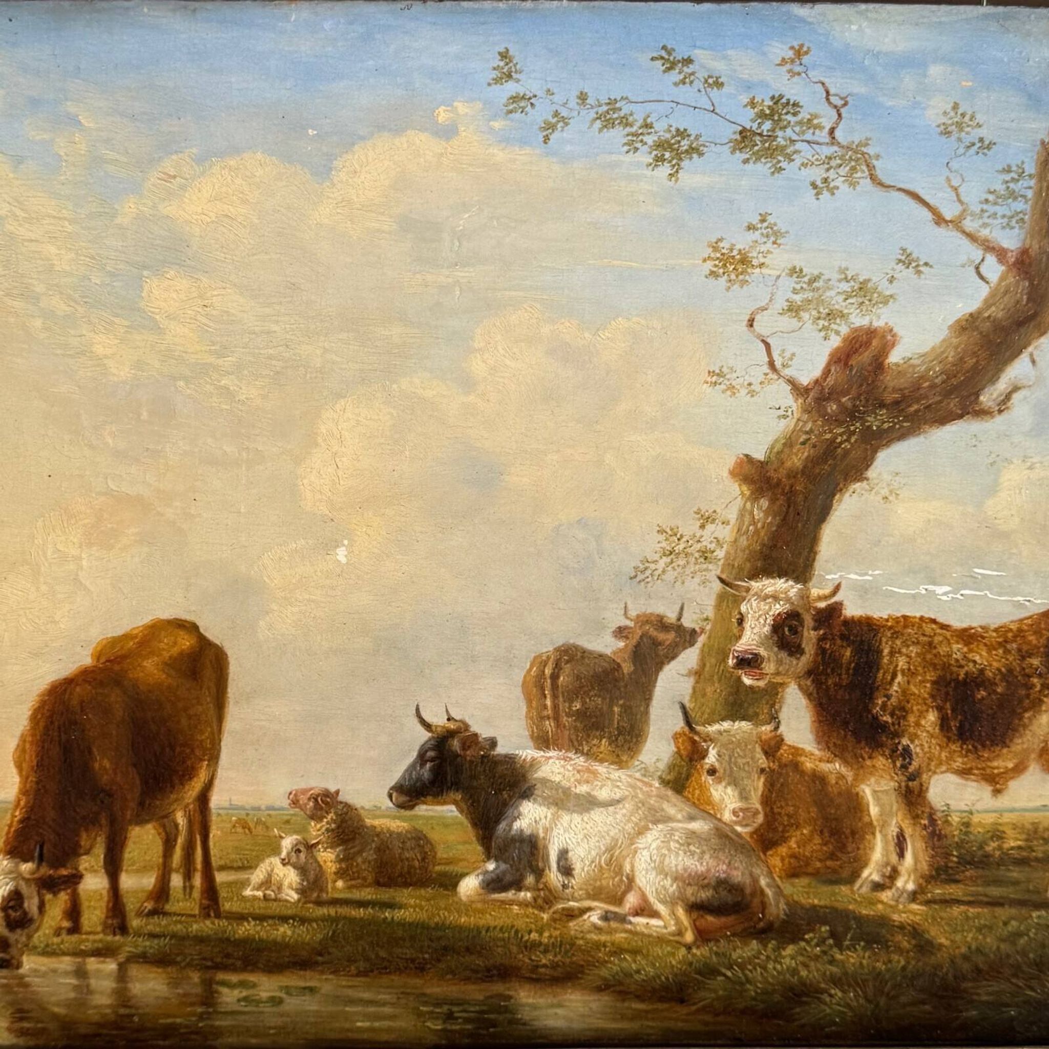 Oil on panel cows drinking by Jean-Baptiste Berré 1830