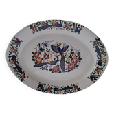 Large oval white ceramic platter, decorated with peacocks and vintage flowers