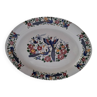 Grand plat ovale en céramique blanche, décor de paons et fleurs vintage