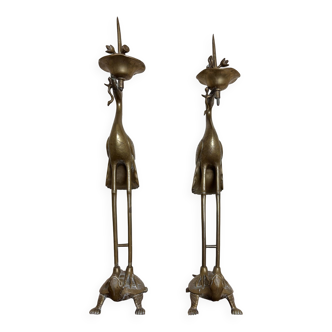 Asia 19th century: monumental pair of Meiji period candlesticks (1868-1912) in gilded bronze H68cm