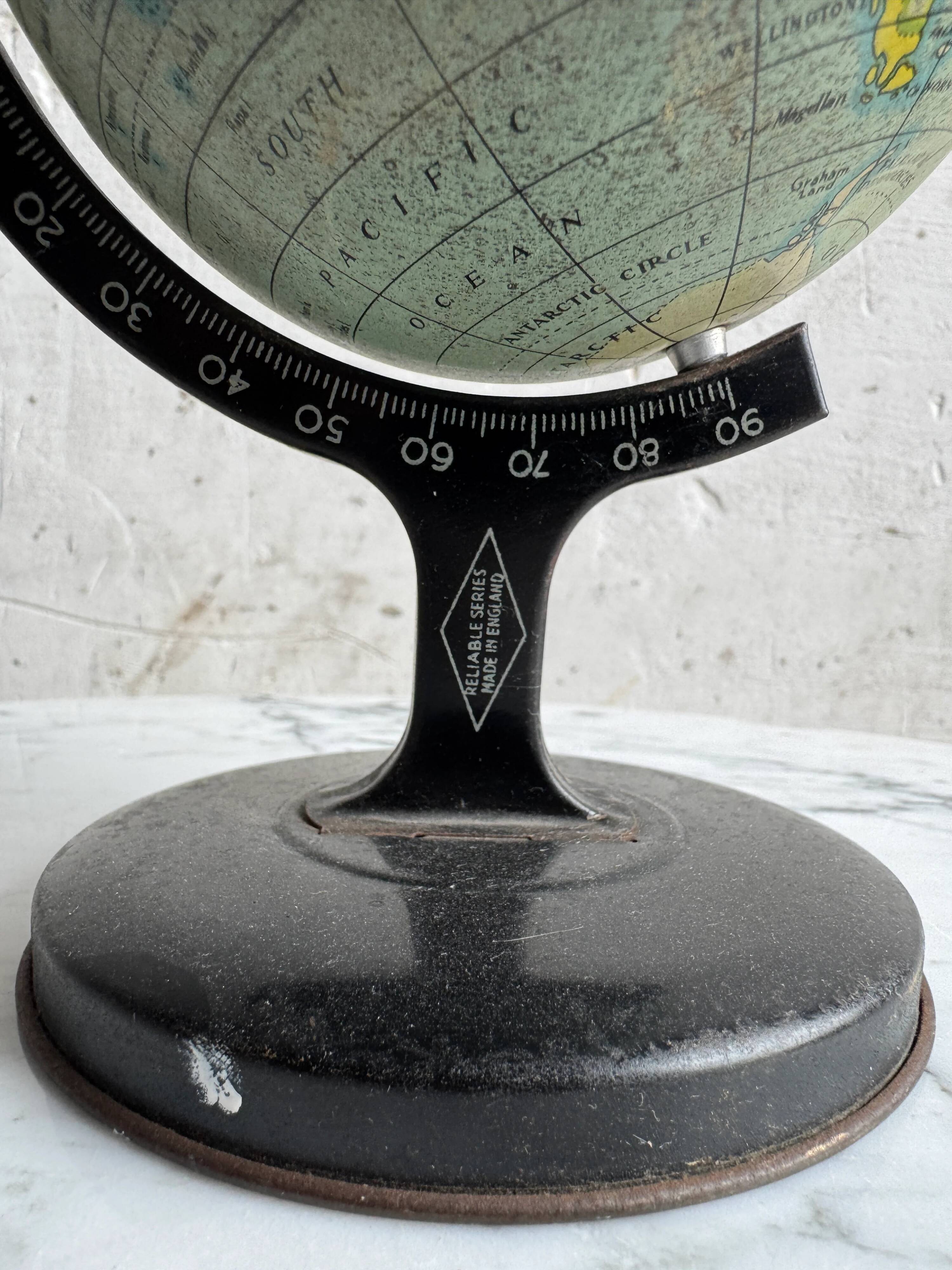 Miniature Green Paper-Covered Globe with Metal Base and Meridian — Made in England
