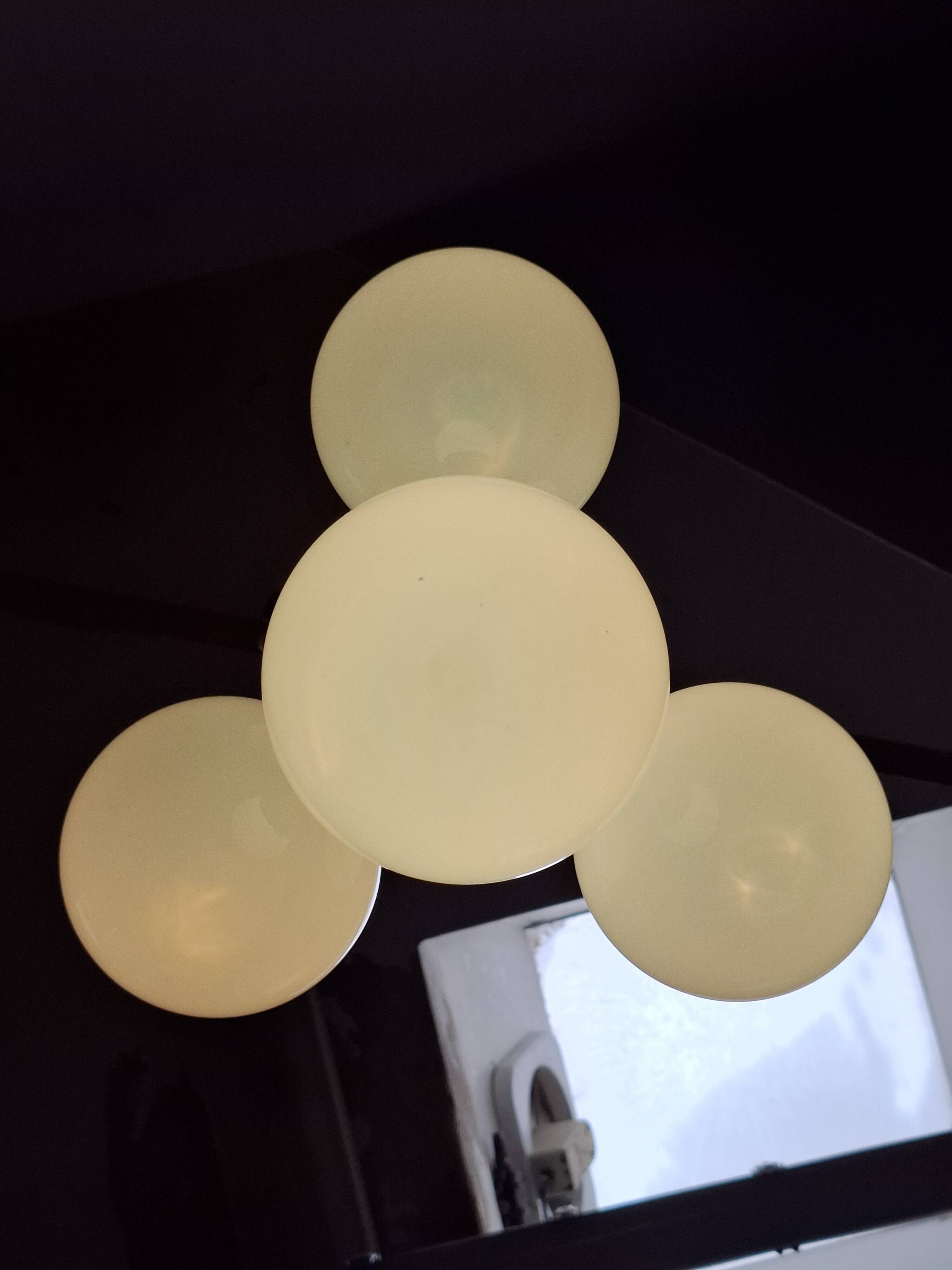 1930s Czech Art Deco Blue Opaline Glass and Chrome Four-Light Chandelier