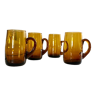 4 mugs/ chopes en verre ambré soufflé vintage