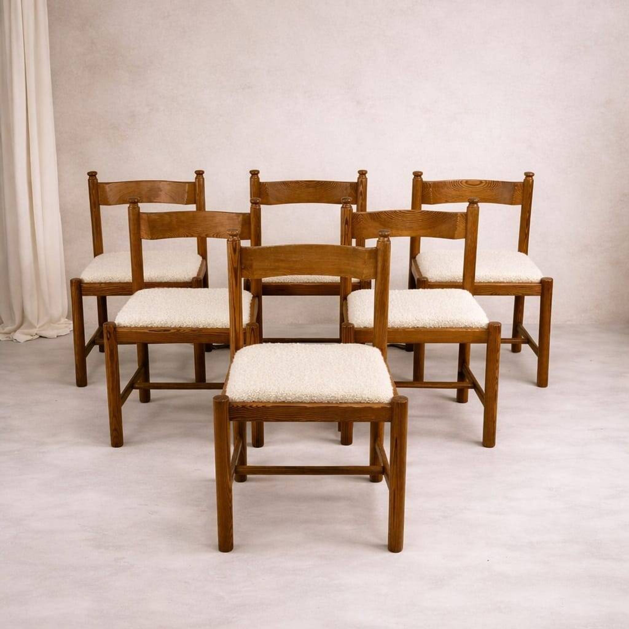 Set of 6 Pine and Boucle Rustic Dining Chairs, 1960s