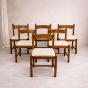 Set of 6 Pine and Boucle Rustic Dining Chairs, 1960s
