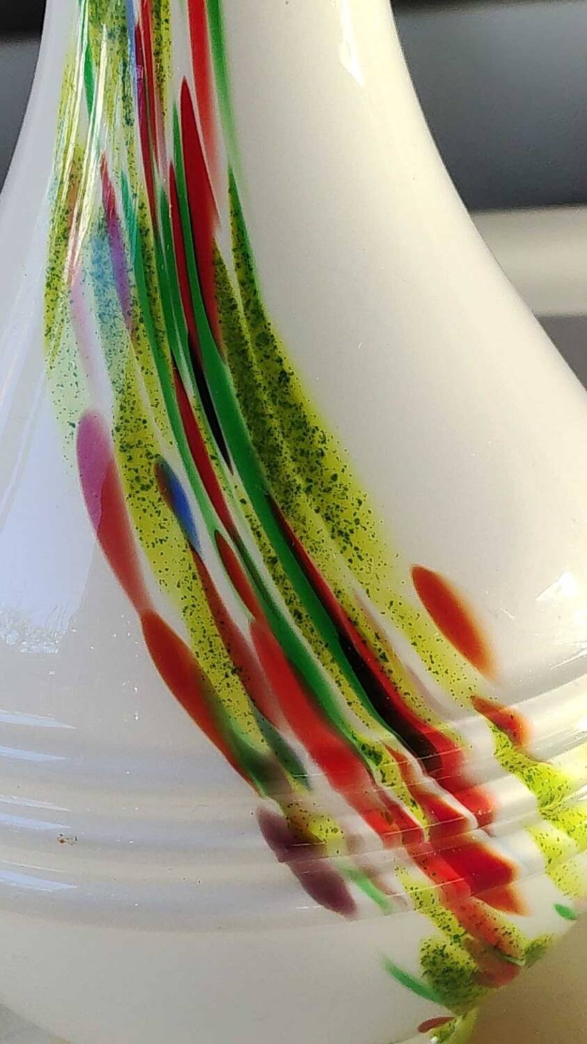 Blown Murano/White Opaline Art glass vase, polychrome smoke scroll inclusions. 28.5 x 14 cm