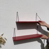 Duo of wall shelves in vintage red and black wood  1970.