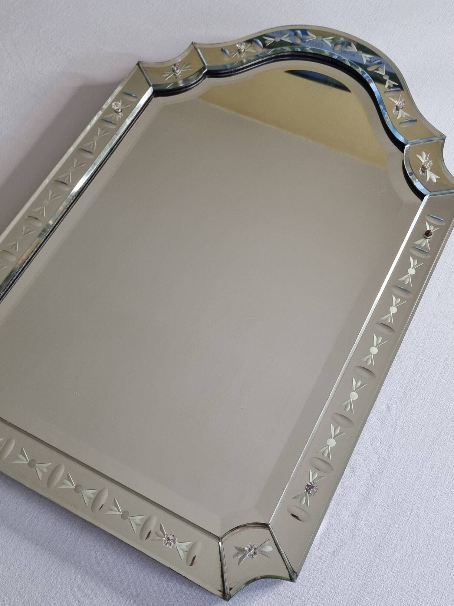 Vintage Venetian Beveled Edge Mirror with Engravings and Cabochons, 1950s, 62 x 44 cm