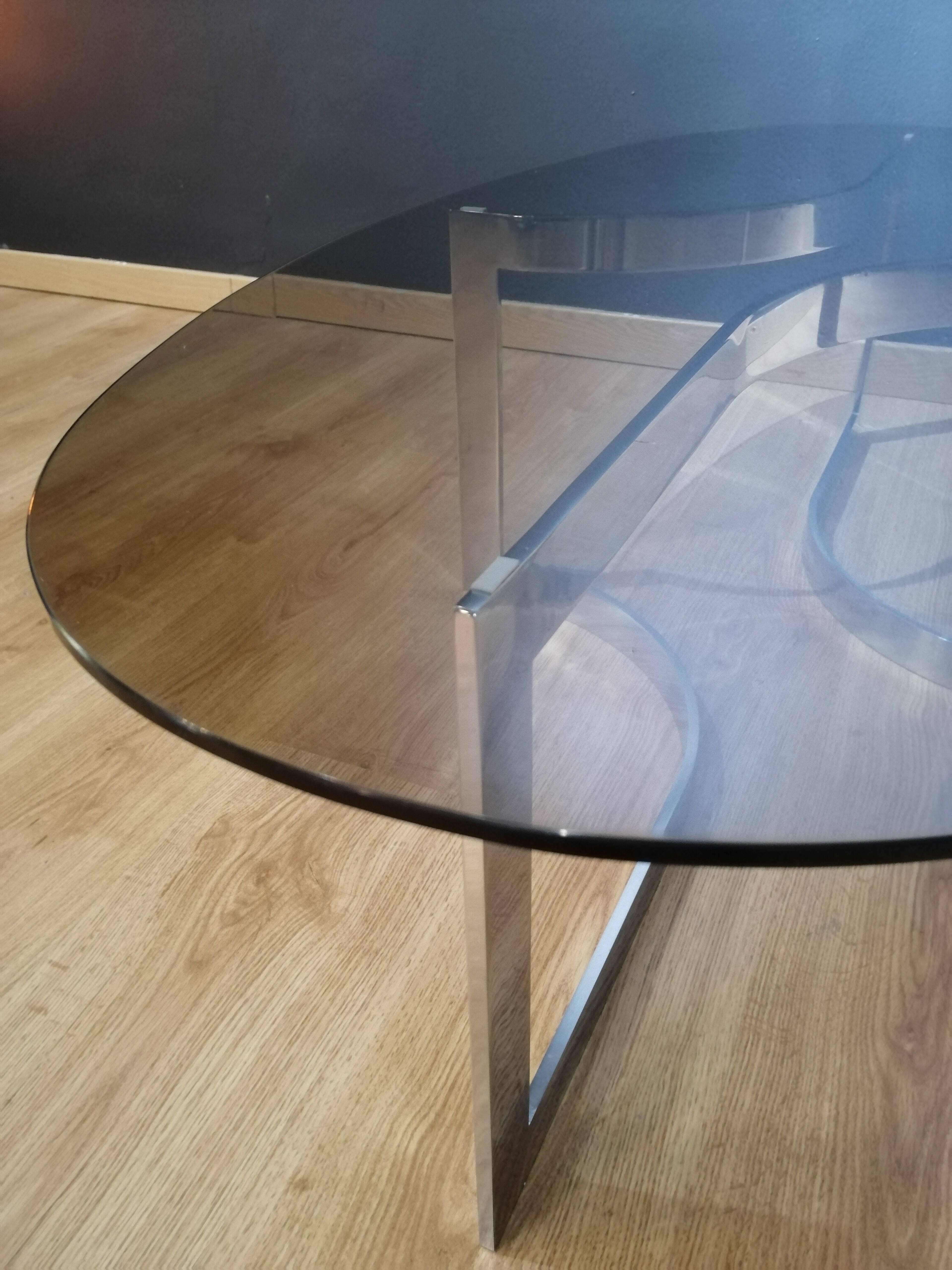 Coffee table in smoked glass and chrome by designer Paul Legeard, 70s