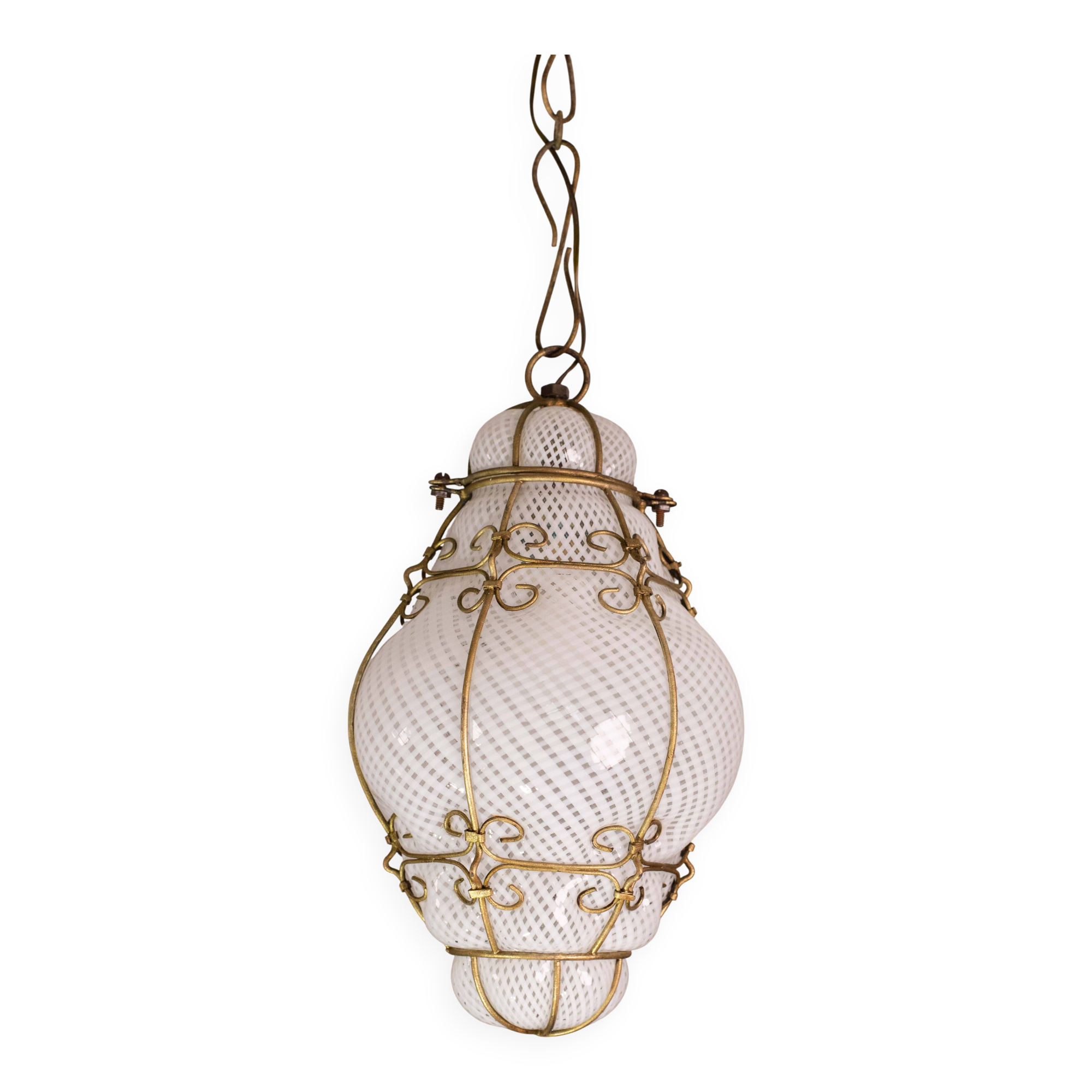 Extraordinary Venetian Lantern in Murano Reticello Glass, 1940s