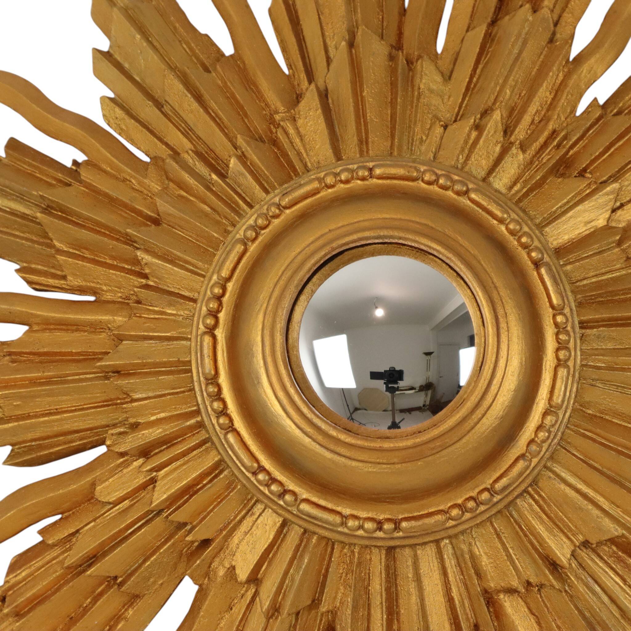 Vintage Wooden Sunburst Convex Mirror, Gold, 46cm