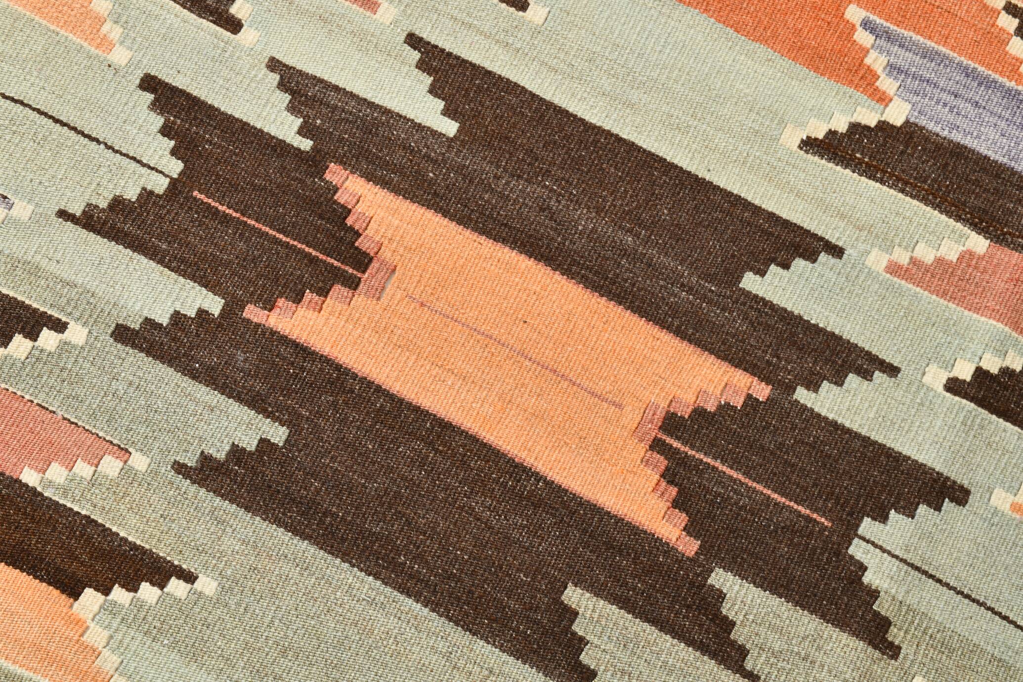 3x10 Orange  Brown Geometric Kilim Runner Rug, Handmade Wool Rug, 108x297Cm