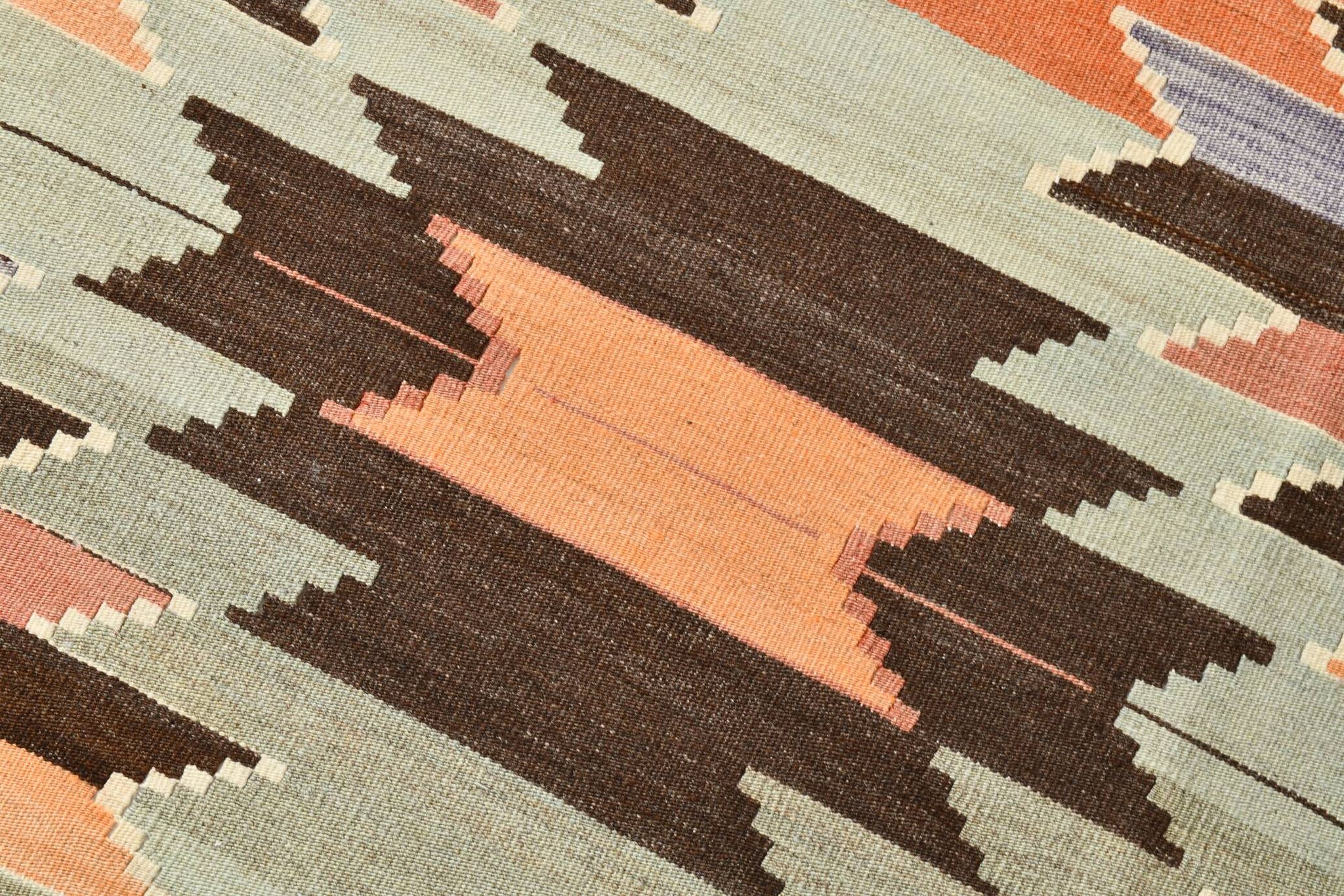 3x10 Orange  Brown Geometric Kilim Runner Rug, Handmade Wool Rug, 108x297Cm