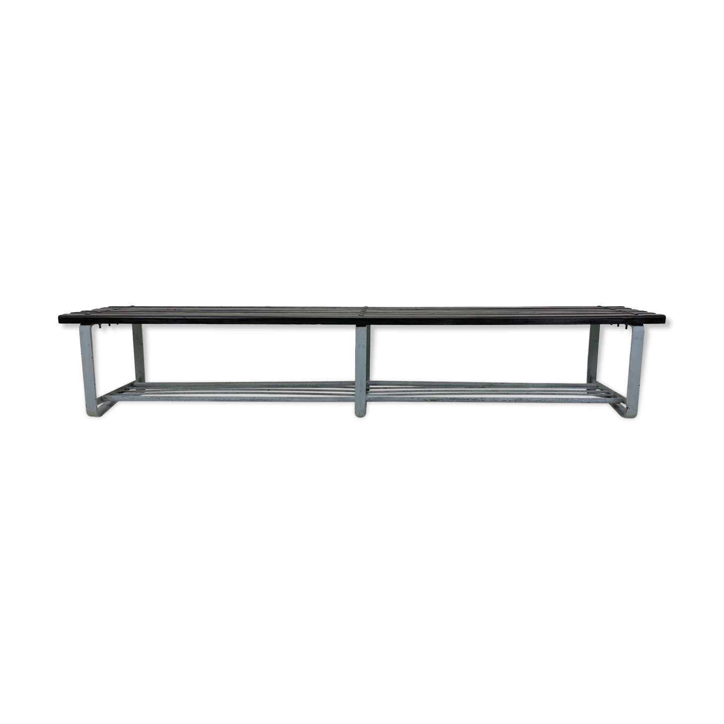 Vintage industrial metal & wood slatted bench, 1950's