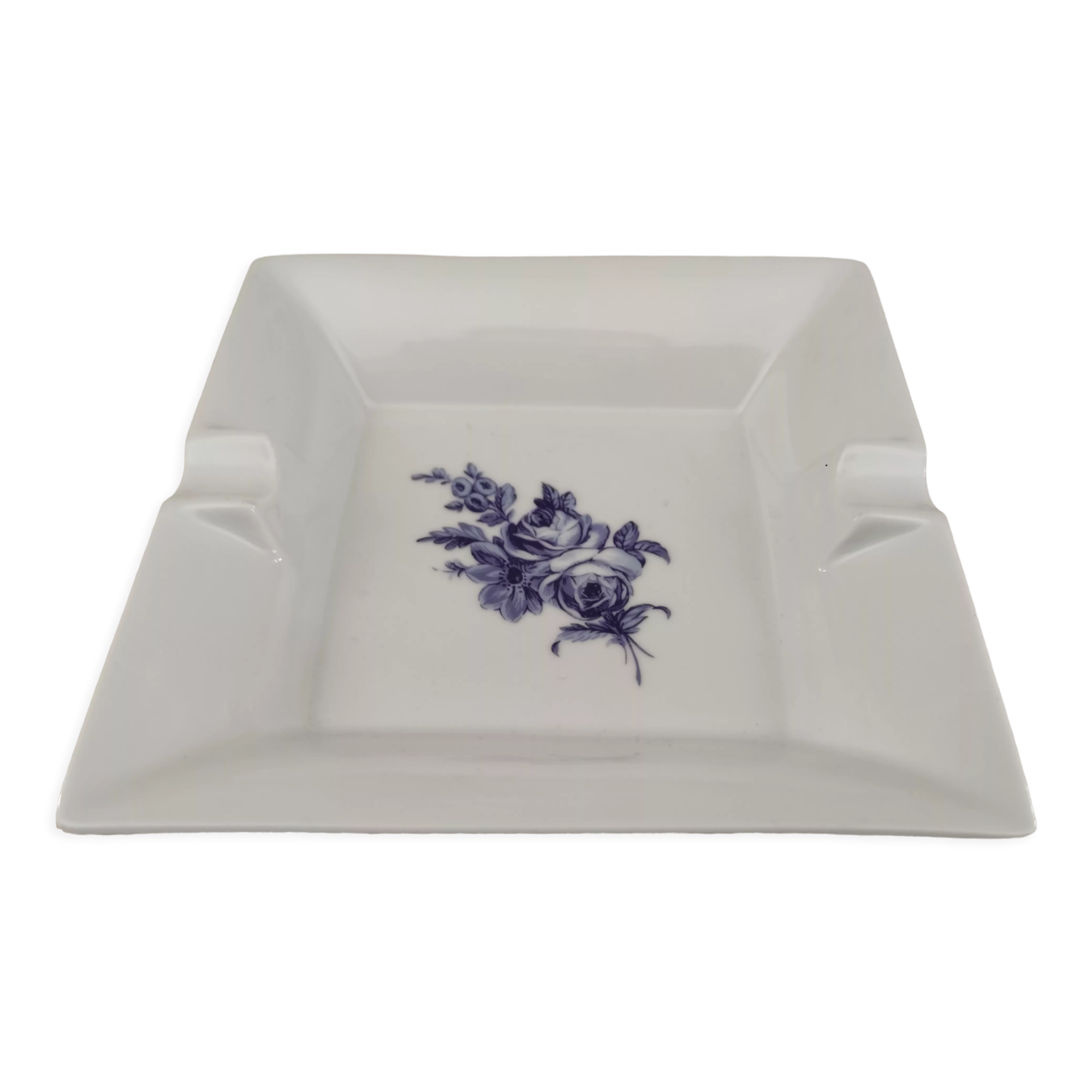 Square ashtray in Limoges porcelain decoration pink blue midnight
