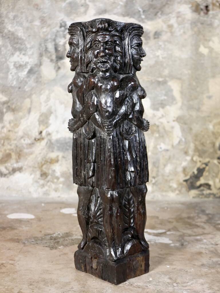 Adam and Eve wooden pedestal, religious art