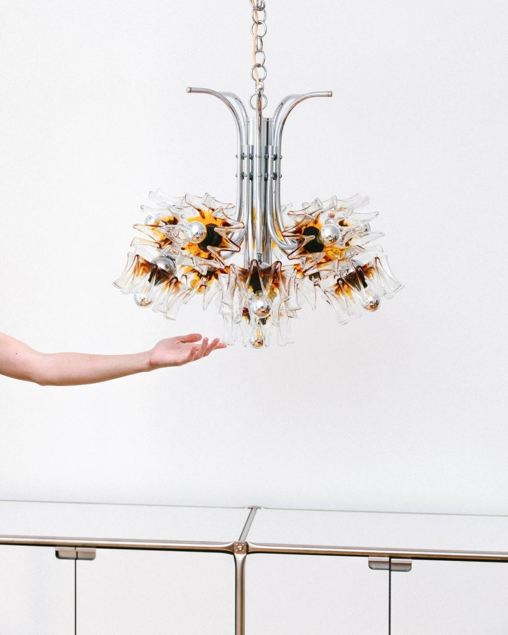 Carlo Nason Murano Glass Flower-Shades Chandelier by Mazzega - Chrome and Transparent Amber Glass, Hollywood Regency, 1970s