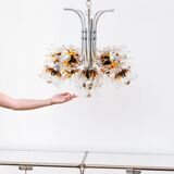 Carlo Nason Murano Glass Flower-Shades Chandelier by Mazzega - Chrome and Transparent Amber Glass, Hollywood Regency, 1970s