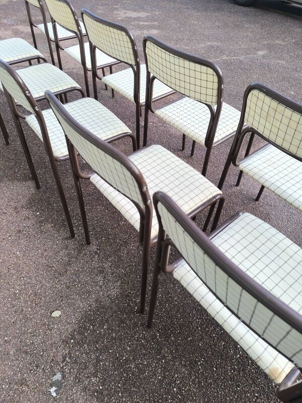 Lot de 12 chaises danois métal et tissu vintage