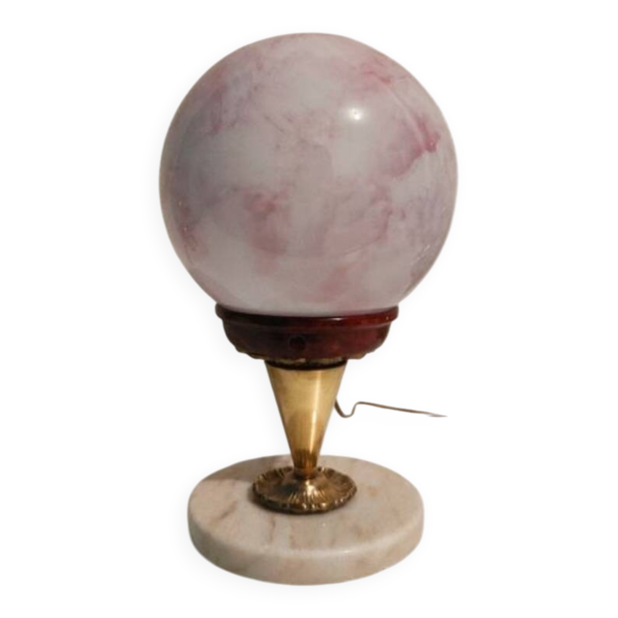 Lampe pied en marbre et globe effet marbré rose vintage 1970