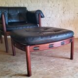 Armchair with vintage ottoman in black leather by Sven Ellekaer for Coja, 1970