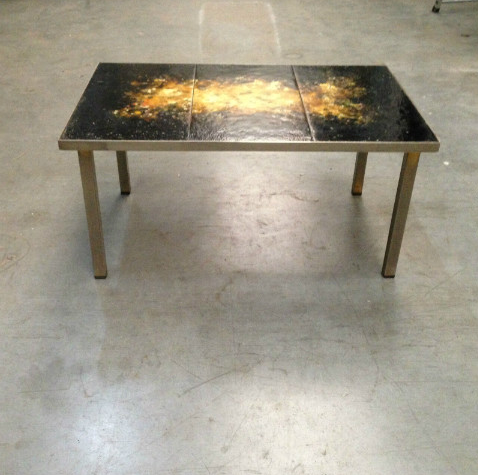 Wrought iron coffee table, bronze and marble