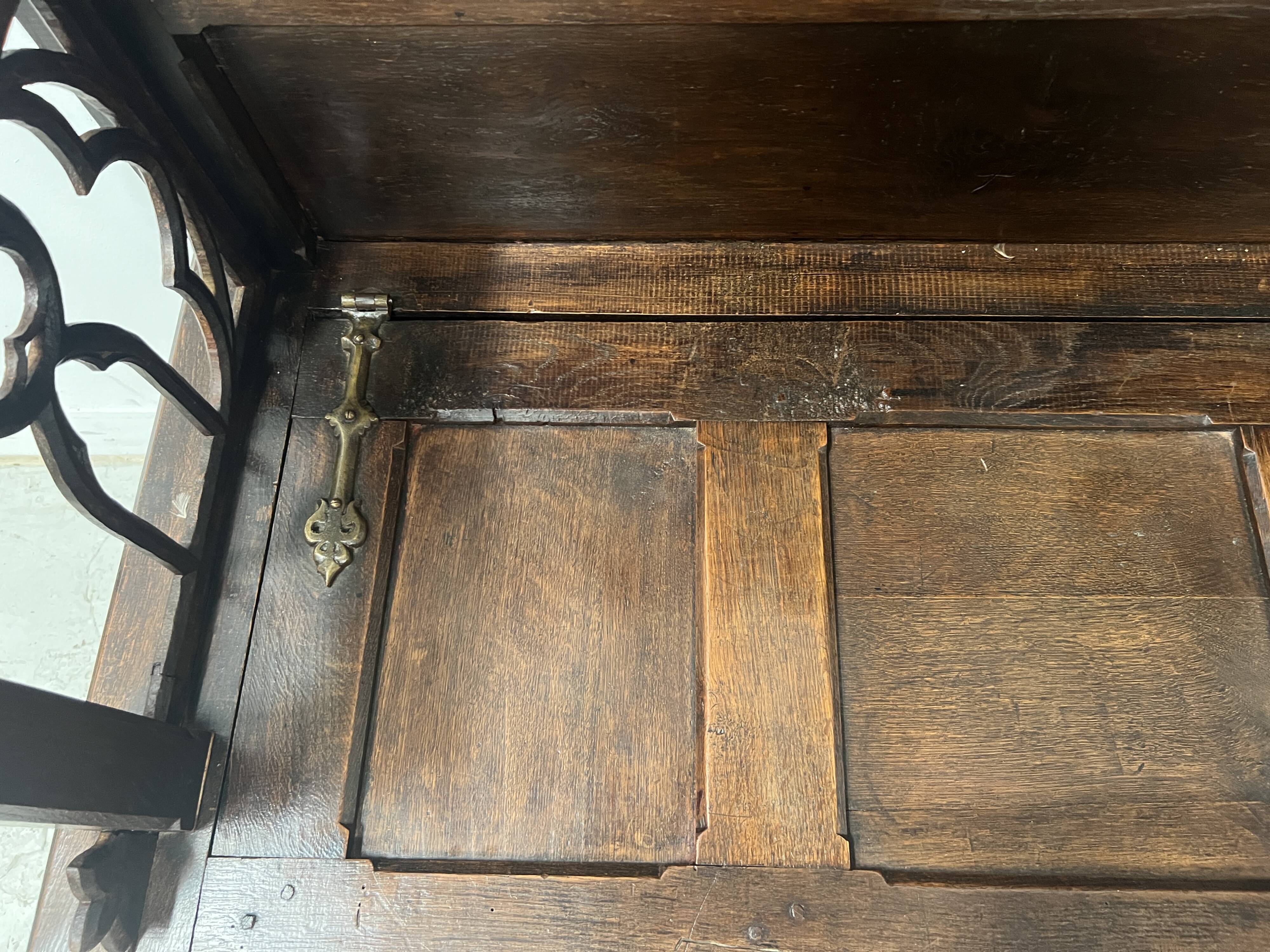 Gothic style carved oak chest bench, 19th century