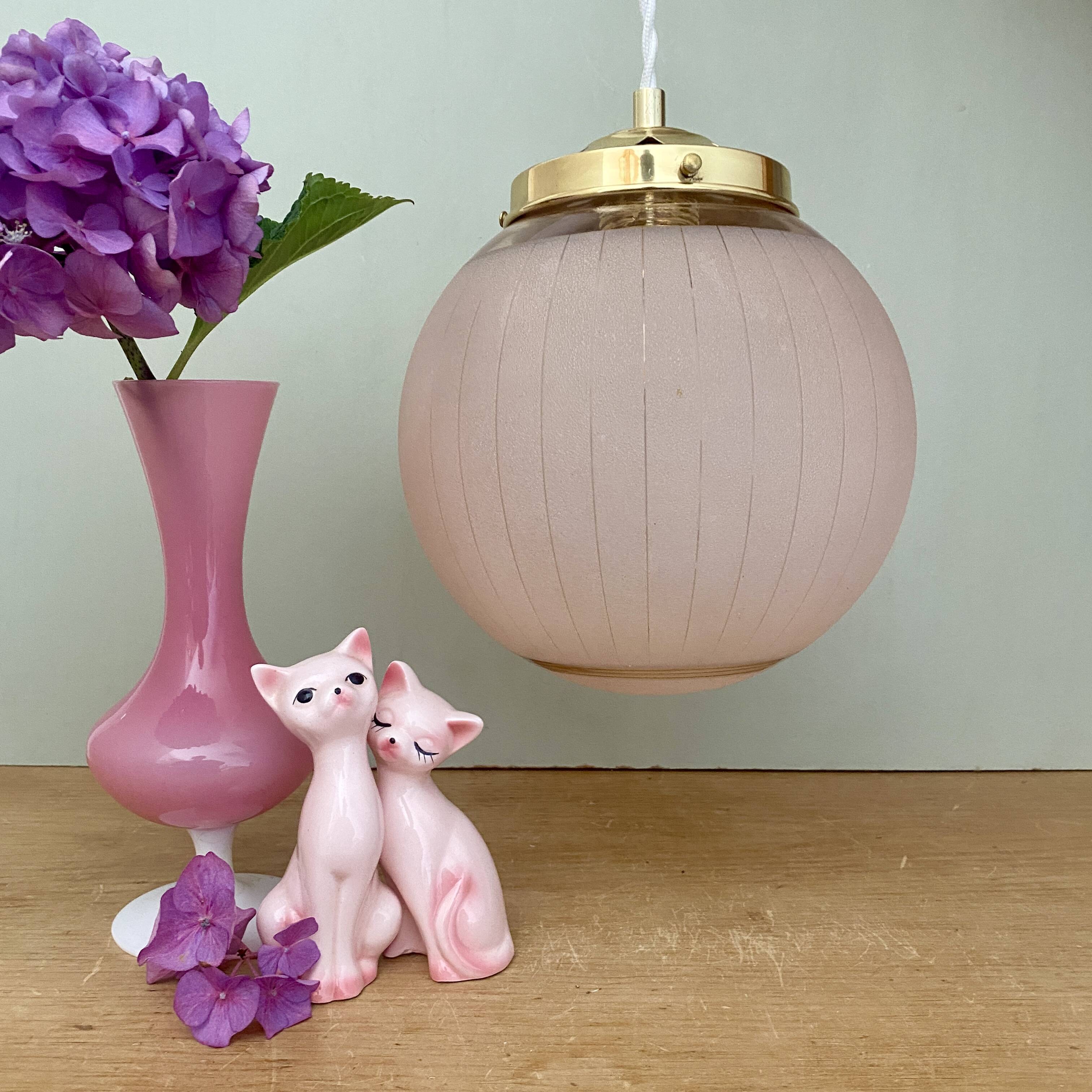 Vintage art deco globe pendant light in pink and gold granite glass