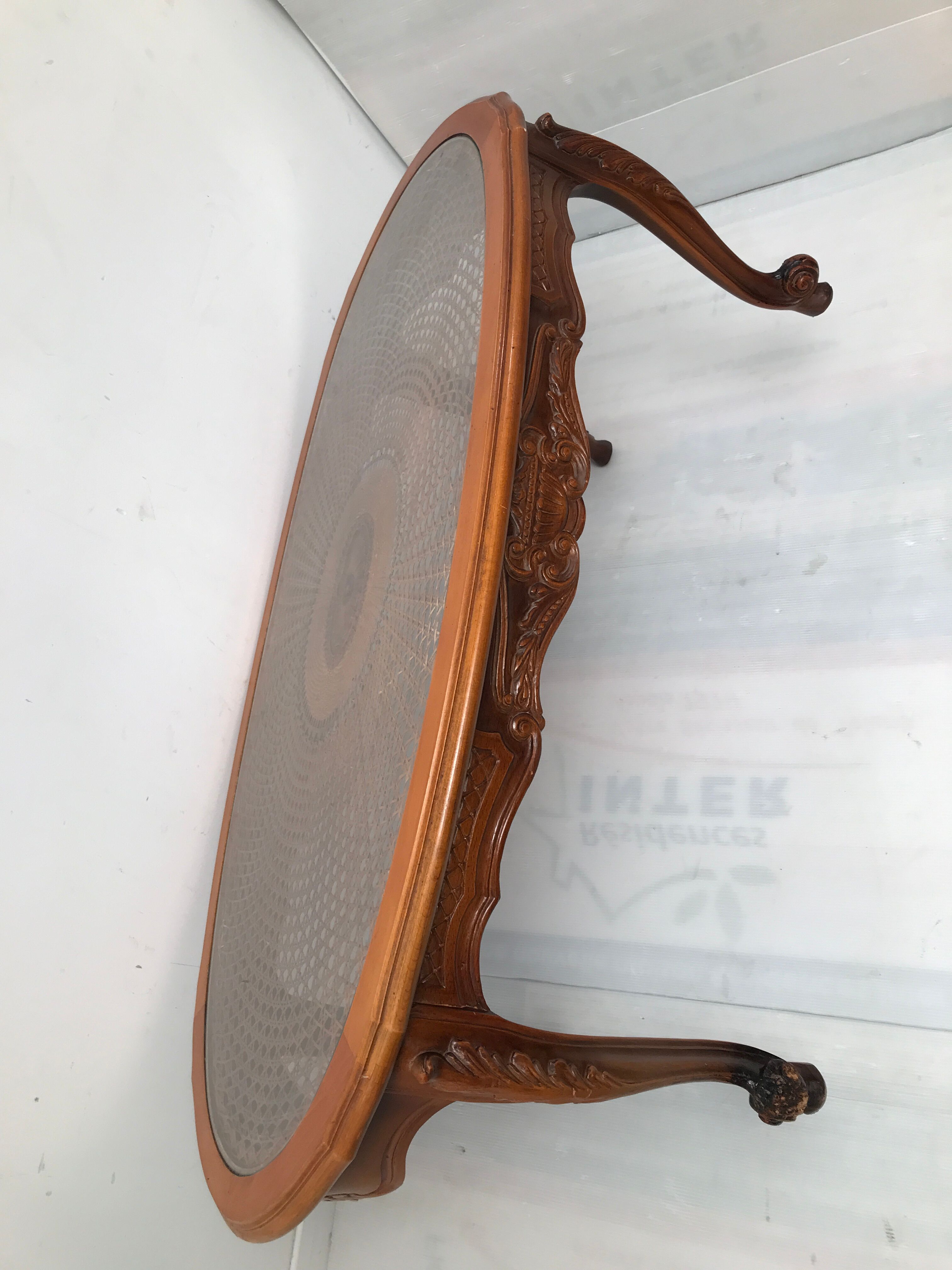 Cherry coffee table with cane top and vintage glass
