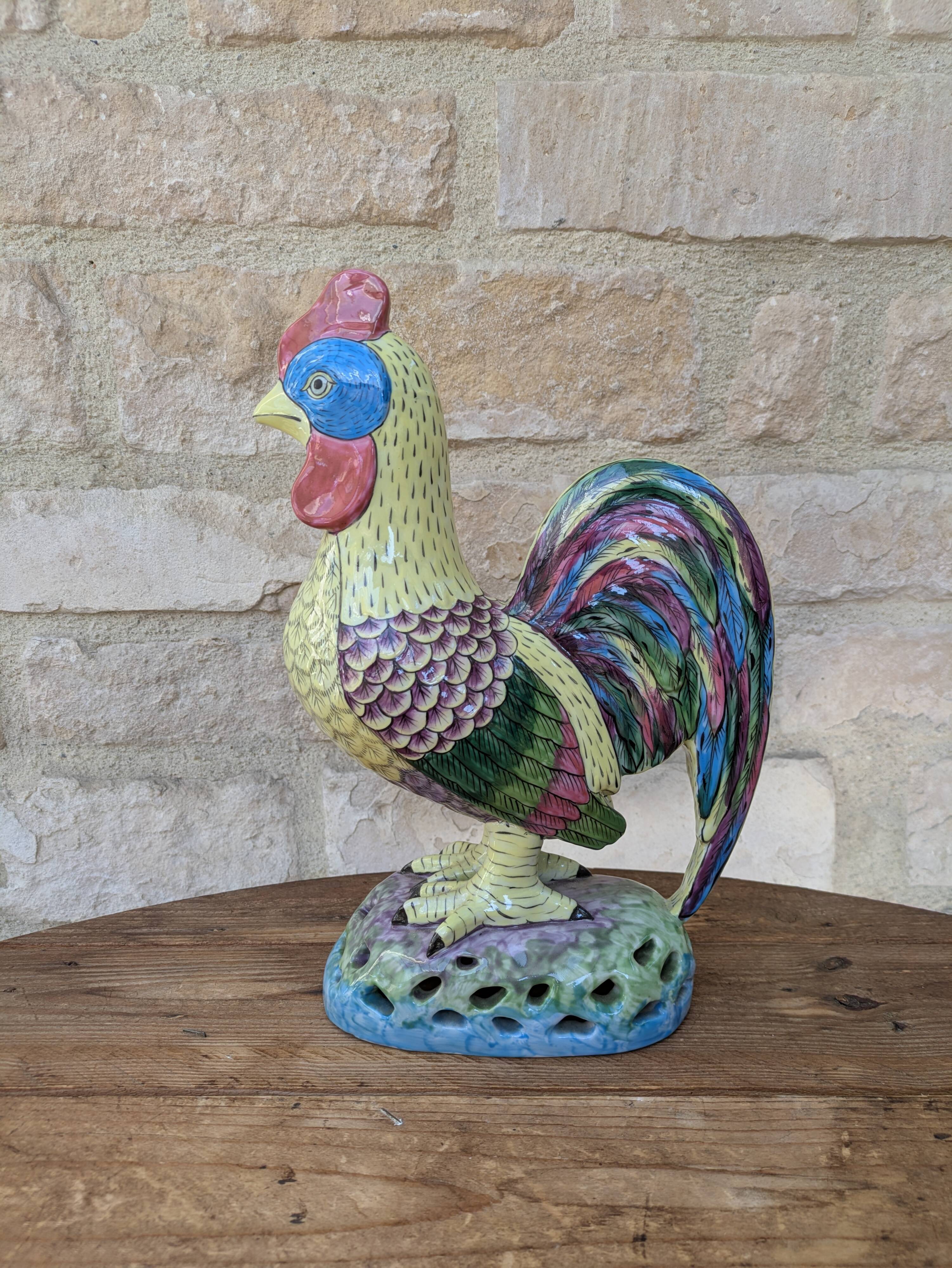 Polychrome decorative rooster in Paris Porcelain statue H30cm