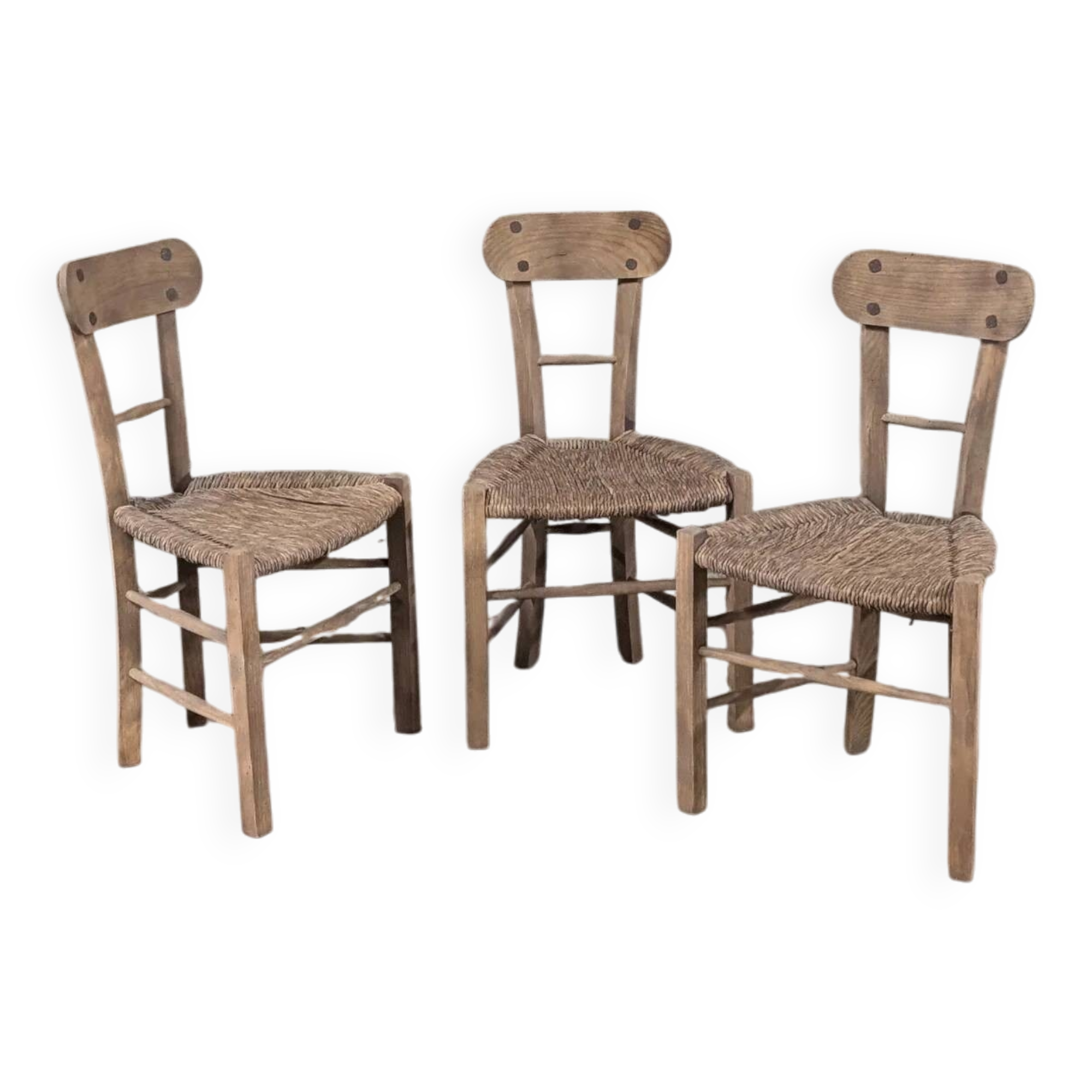 Set of 3 rustic wooden and woven straw chairs