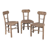 Set of 3 rustic wooden and woven straw chairs
