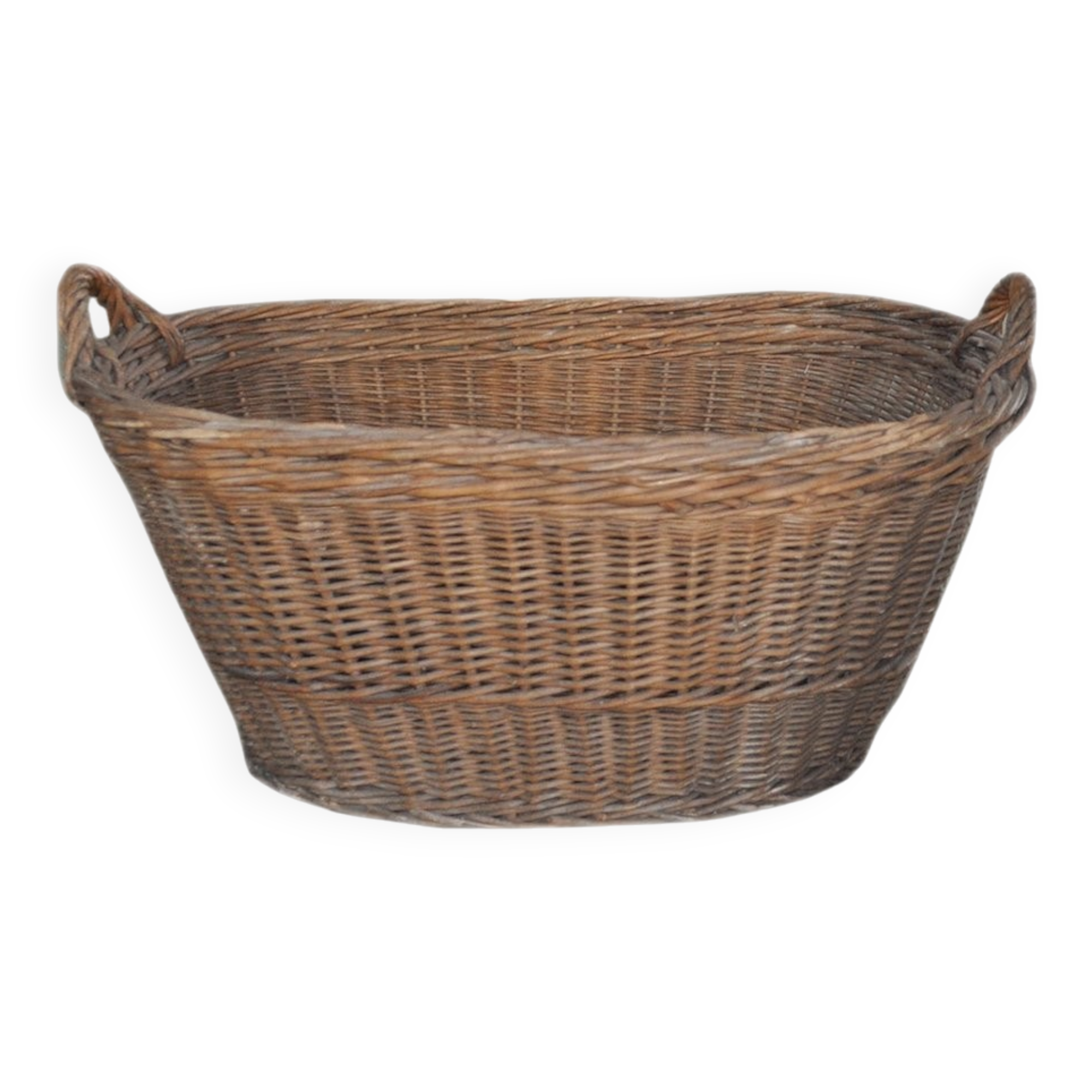 Rustic brown wicker basket from the 1940s — large oval laundry basket