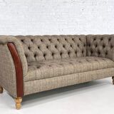 Canapé Chesterfield en cuir, tissu et bois