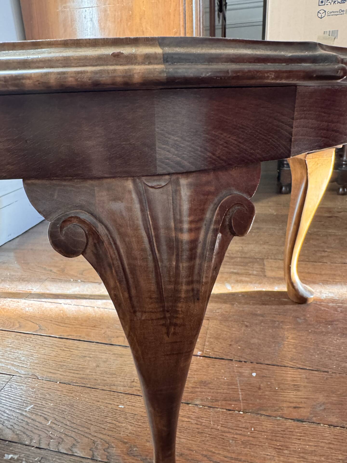 Round coffee table in Louis XV style, with sun cane and glass top.
