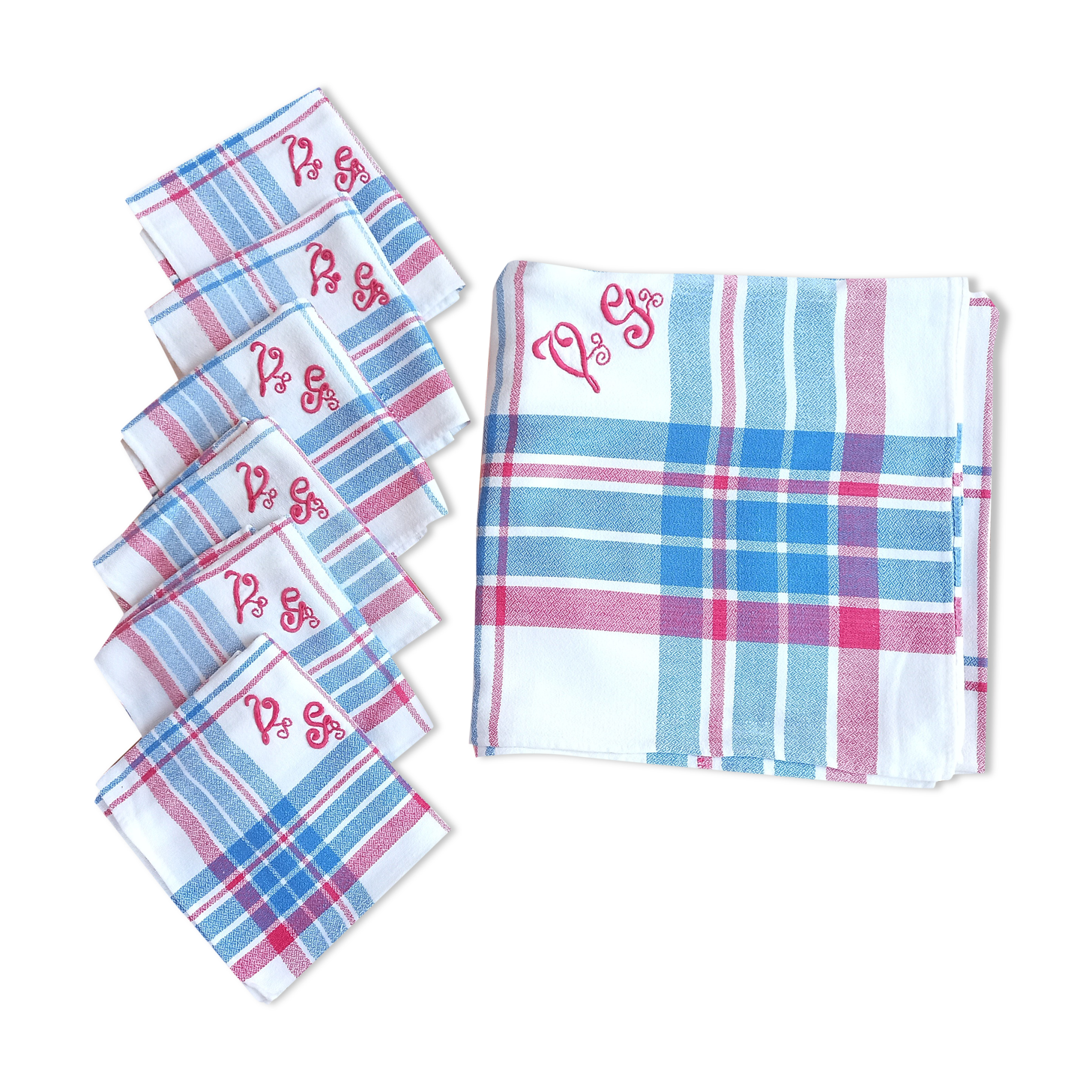 Nappe campagne chic et ses 6 serviettes monogrammées vg
