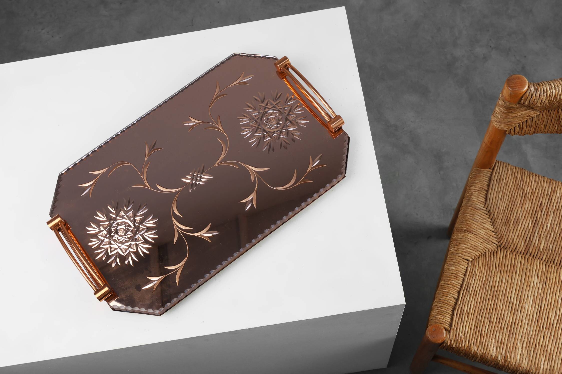 Art Deco Mirrored Glass and Copper Tray, Belgium ca. 1920