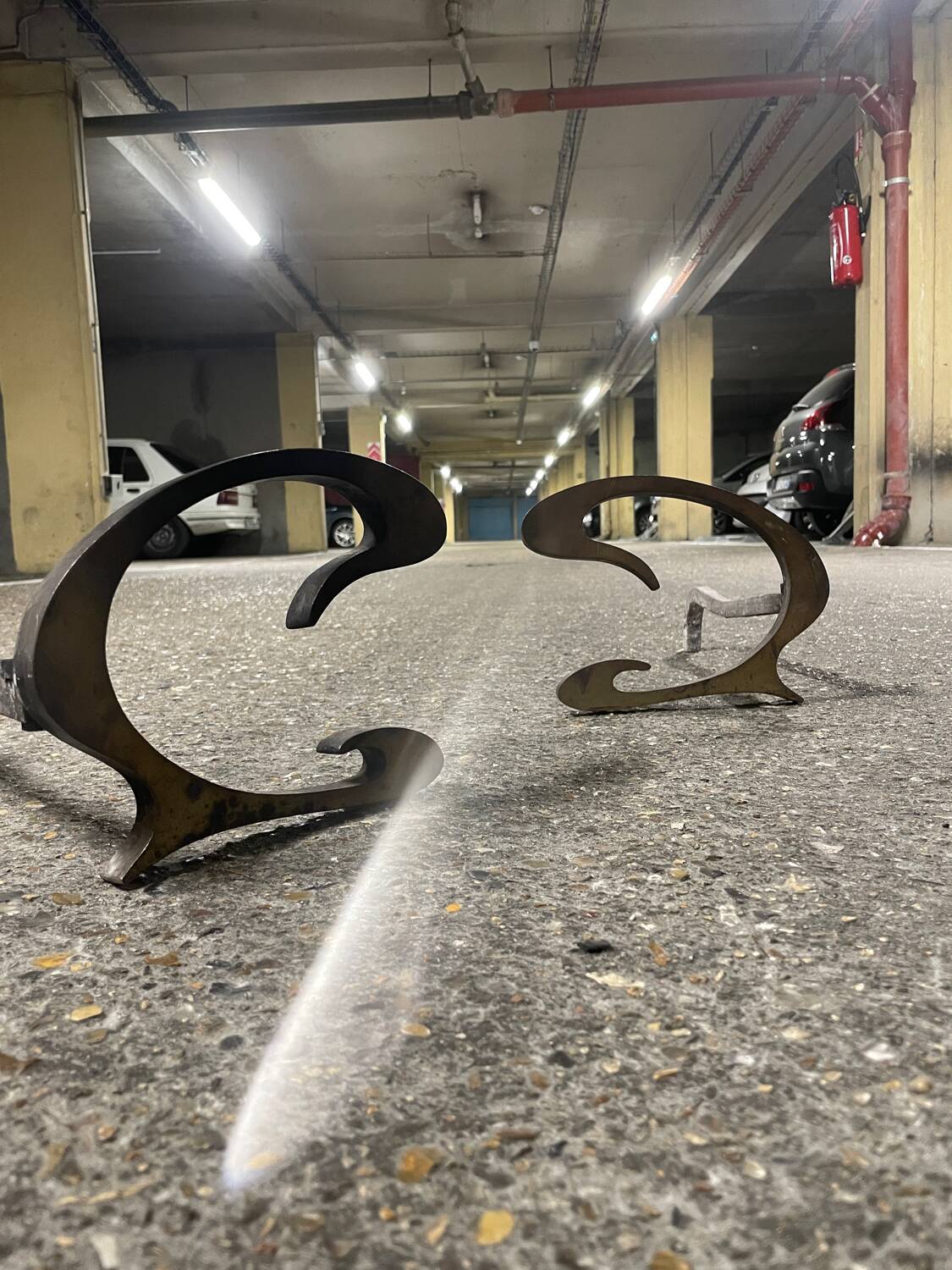 1970s steel and brass andirons