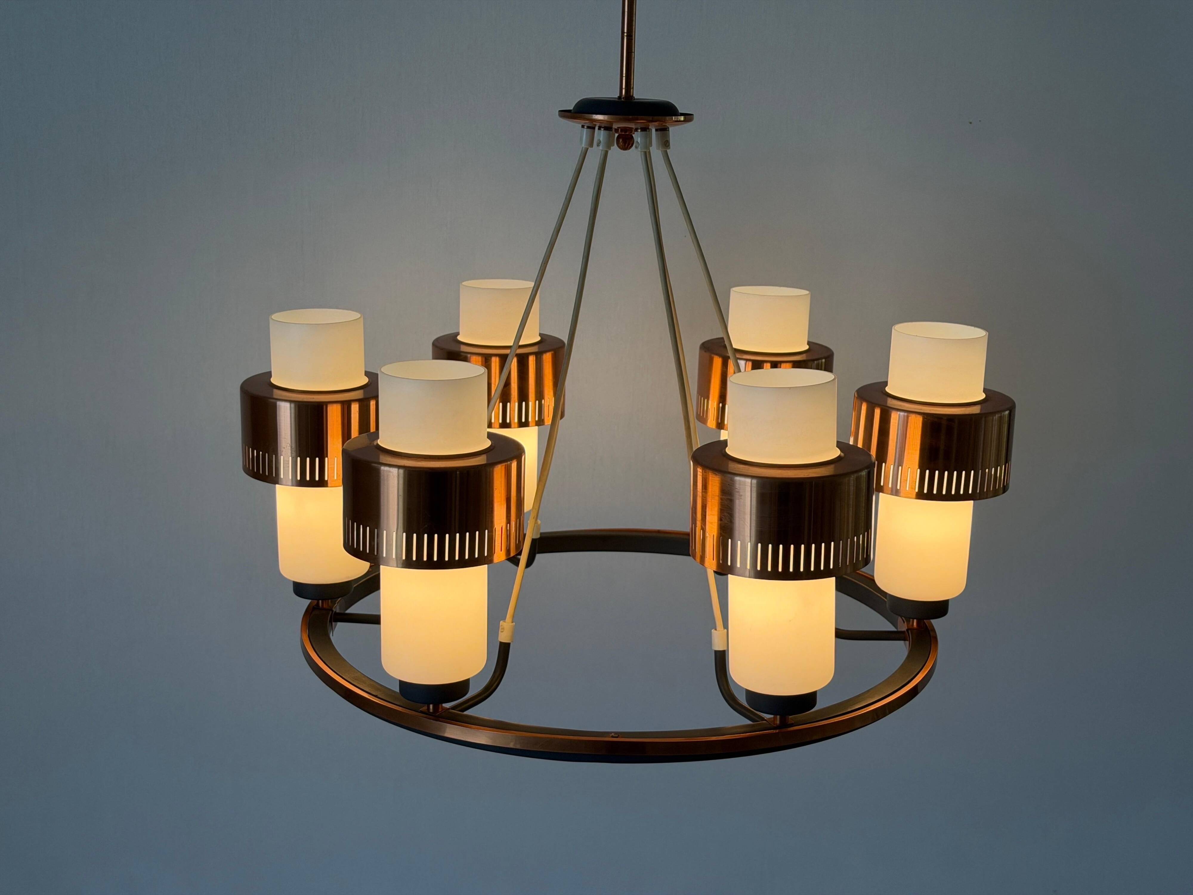 Large ceiling light with 6 arms in copper metal and glass, 1960s, Germany